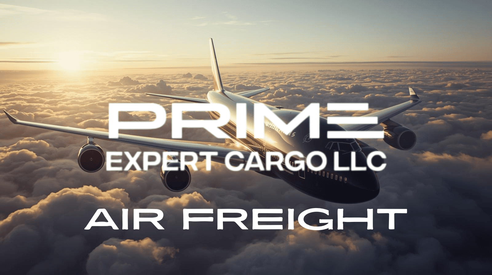 Air freight: a cargo aircraft above clouds at sunset
