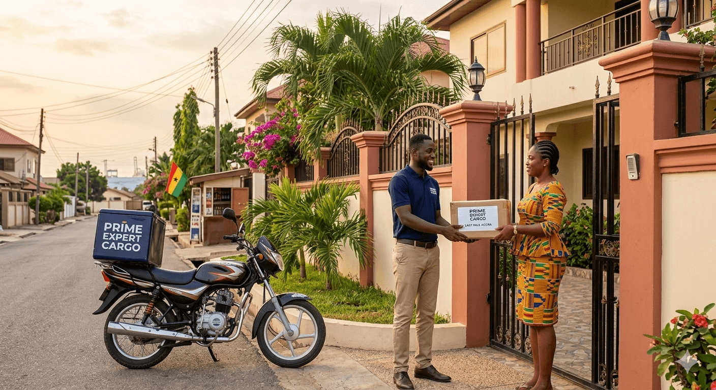 A Prime Expert Cargo courier hands a parcel to a customer at a gated home in Ghana