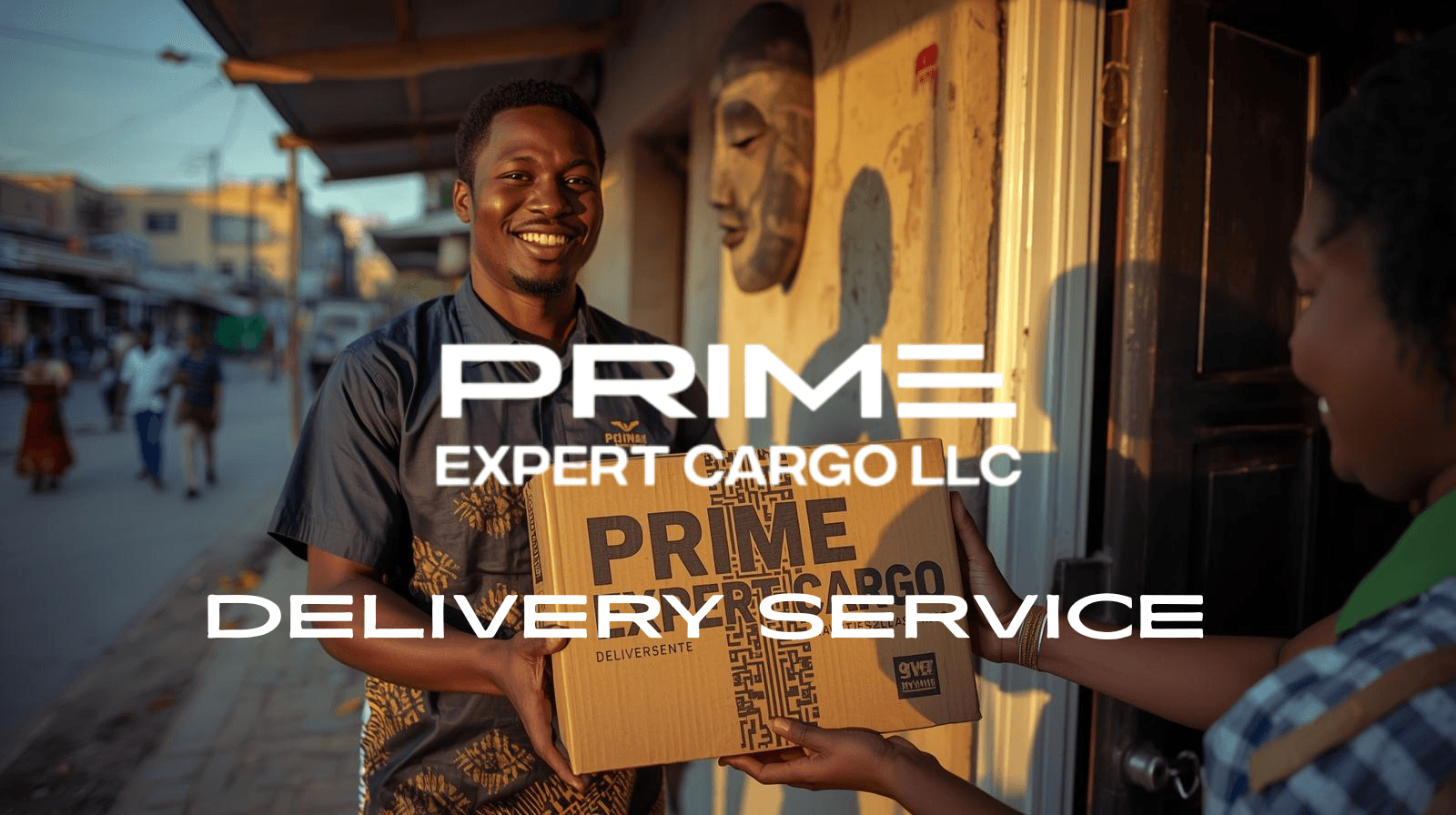 Delivery service: a courier hands a parcel to a customer at a Ghana doorstep