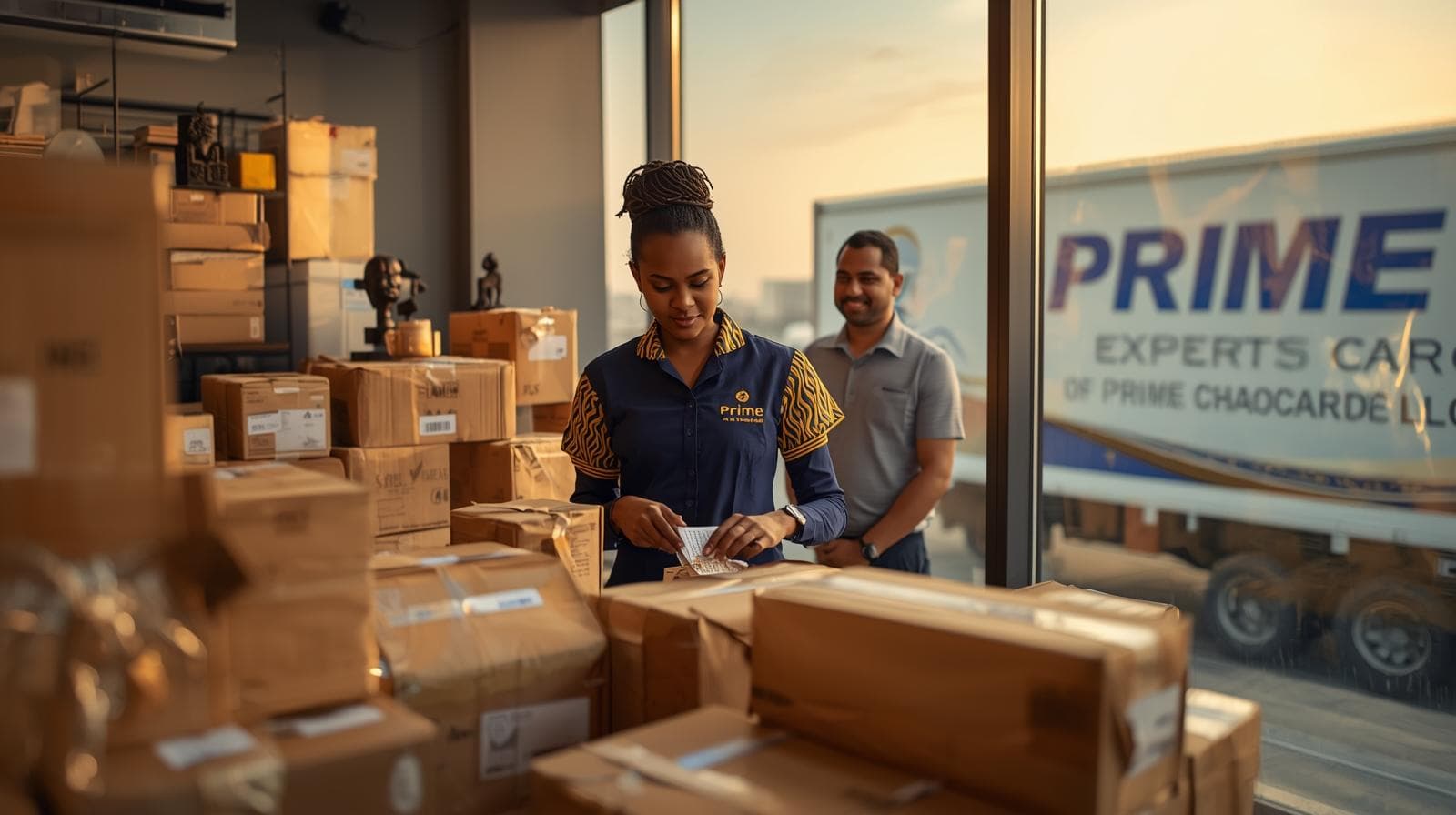 A Prime Expert Cargo team member labels a parcel in a warm, box-filled office while a colleague looks on